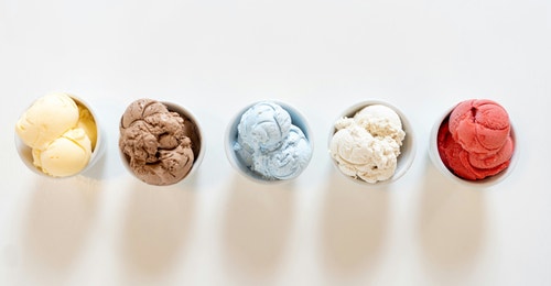 A row of different ice cream flavours