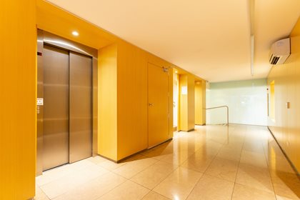 An elevator in a lobby