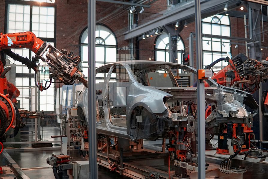 A car on an assembly line