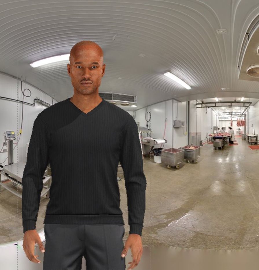 A simulated image of a man at a meat packing plant