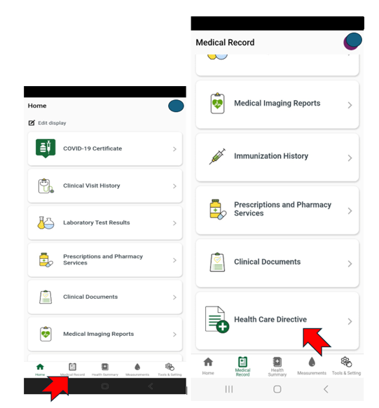 Screen shot of MySaskHealthRecord app menus with arrow showing Health Care Directive.