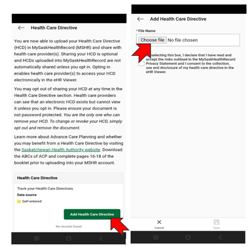 Screen shot of MySaskHealthRecord app and how to add Health Care Directive.