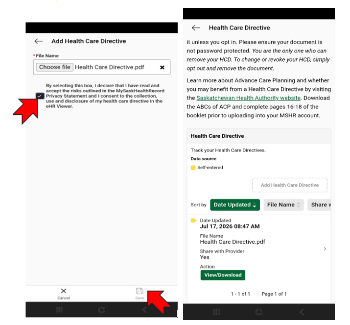 Screen shot MySaskHealthRecord app and how to accept the terms of use outlines in the Privacy Statement.