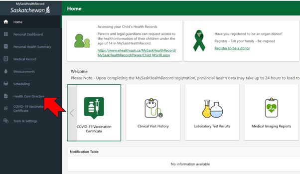 MySaskHealthRecord home screen with arrow pointing to Health Care Directives