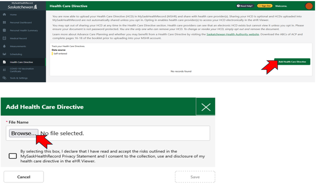 Screen shot of how to upload Health Care Directive to MySaskHealthRecord
