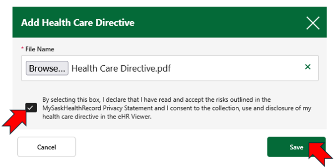 Screen shot of box selected to accept conditions of MySaskHealthRecord privacy statement.