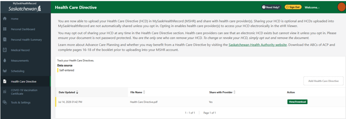 Screen shot of Health Care Directive uploaded in MySaskHealthRecord