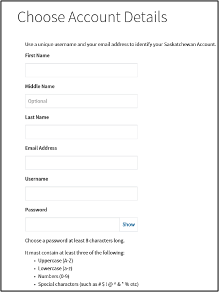 screen shot of details to fill out for Saskatchewan Account
