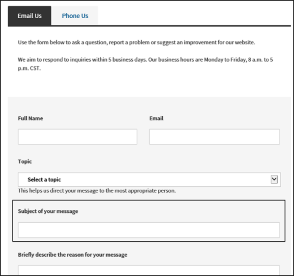Screen shot of online form