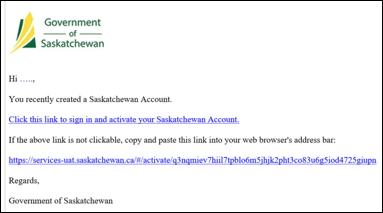 Screen shot of sample Saskatchewan Account email.