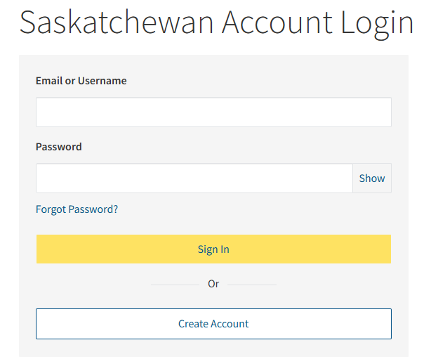 log in screen for Saskatchewan Account