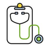 Icon of stethoscope on clipboard.