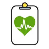 Icon of heart with heart rhythm inside on clipboard.