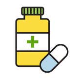 An icon of a prescription pill bottle with a pill beside it.