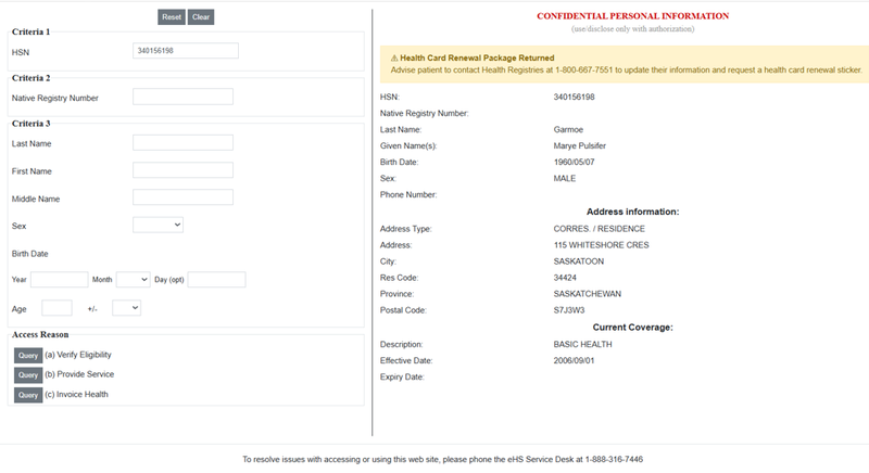PHRS View basic search results screen. An automated message says "Health card renewal package returned. Advise patient to contact Health Registries at 1-800-667-7551 to update their information and request a health card renewal sticker."